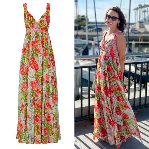 Badgley Miscka Floral Gown  Sleeveless Maxi Gown Tropical Red Green Size 8 - Picture 1 of 13
